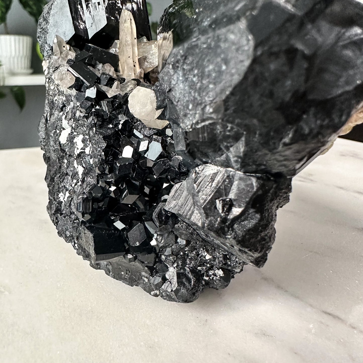 Schorl Tourmaline + Hyalite + Smokey Quartz Cluster