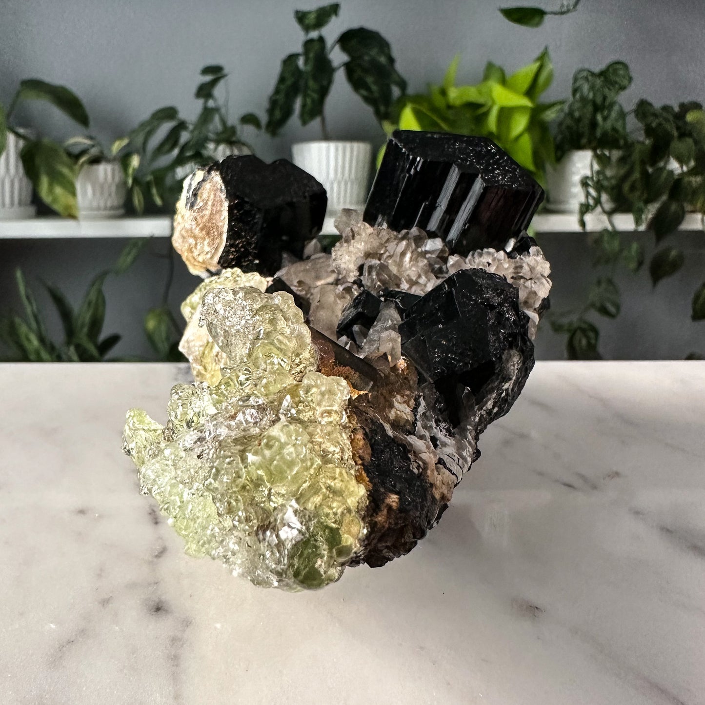 Schorl Tourmaline + Hyalite + Smokey Quartz Cluster