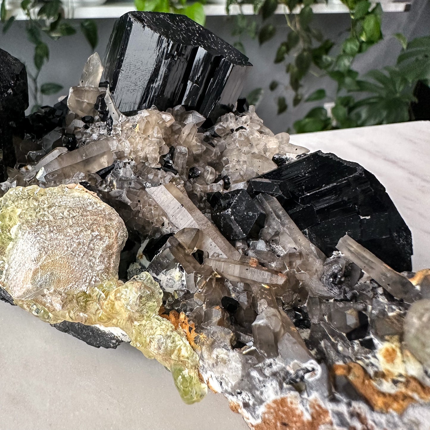 Schorl Tourmaline + Hyalite + Smokey Quartz Cluster