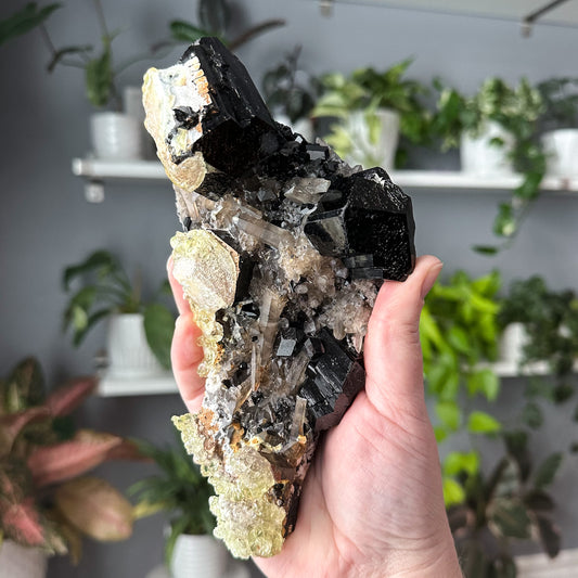 Schorl Tourmaline + Hyalite + Smokey Quartz Cluster