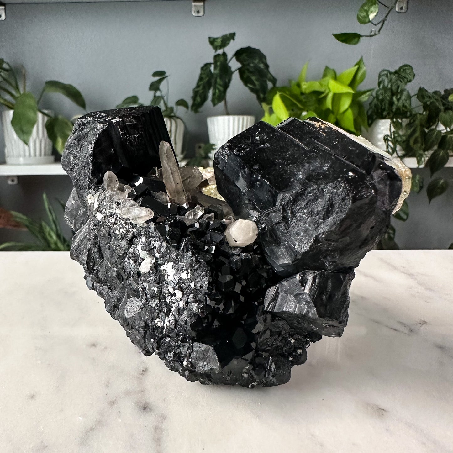 Schorl Tourmaline + Hyalite + Smokey Quartz Cluster