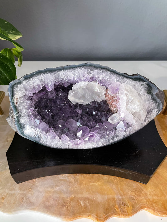 Amethyst with Calcite on a Wood Base