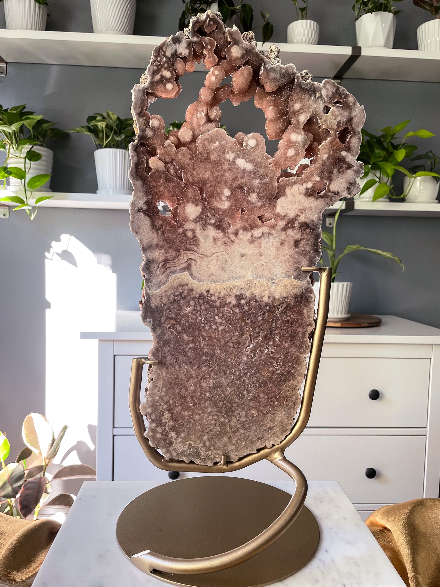 Pink Amethyst Slab on a Handcrafted Custom Stand