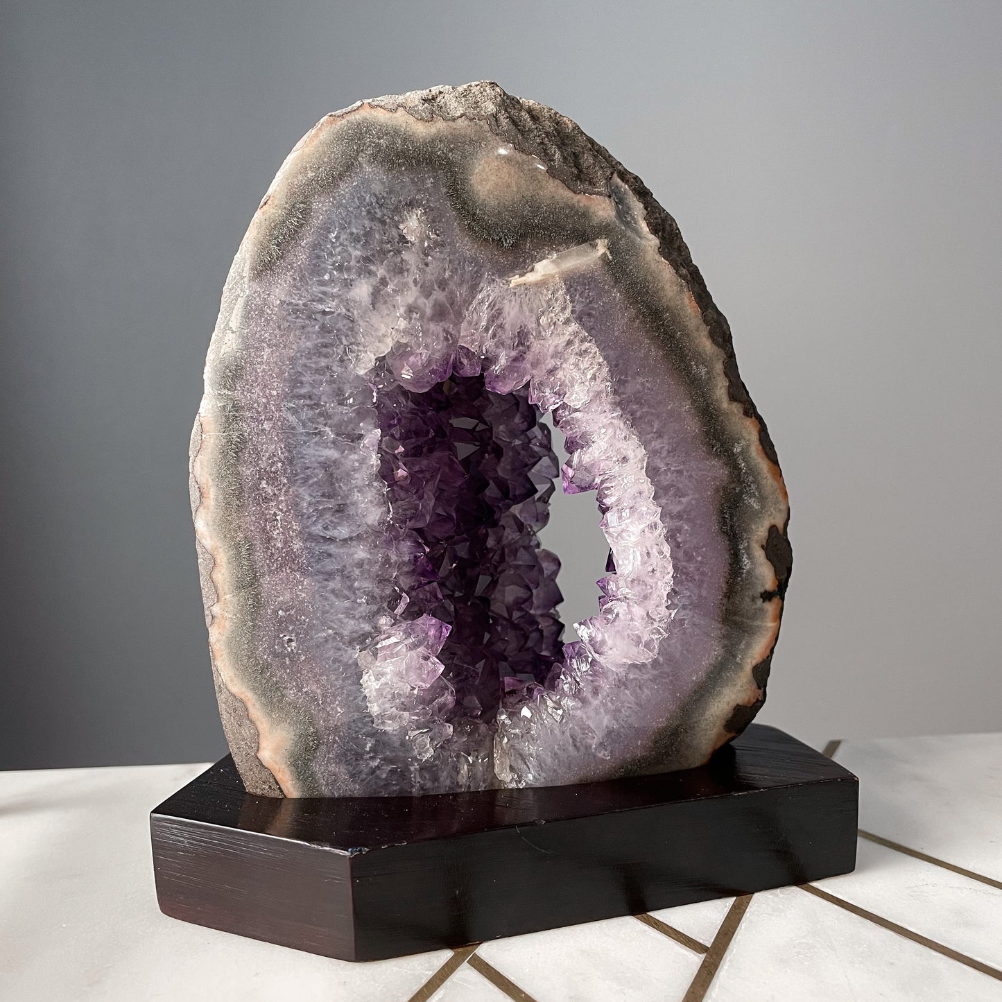 Amethyst Geode Portal on Wood Base