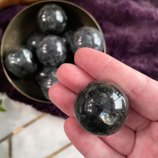Larvikite with Moonstone Flash Small Spheres