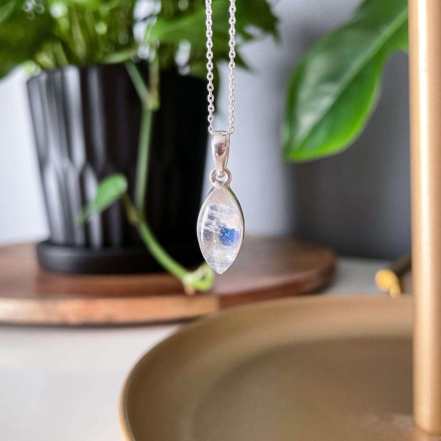 Rainbow Moonstone Leaf Pendant Necklace